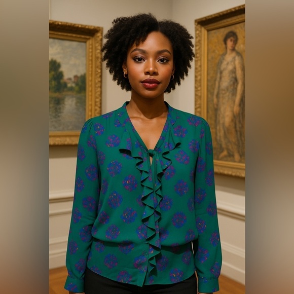 Eclair Green Abstract Print Ruffle Front Blouse | Size L - Picture 2 of 11